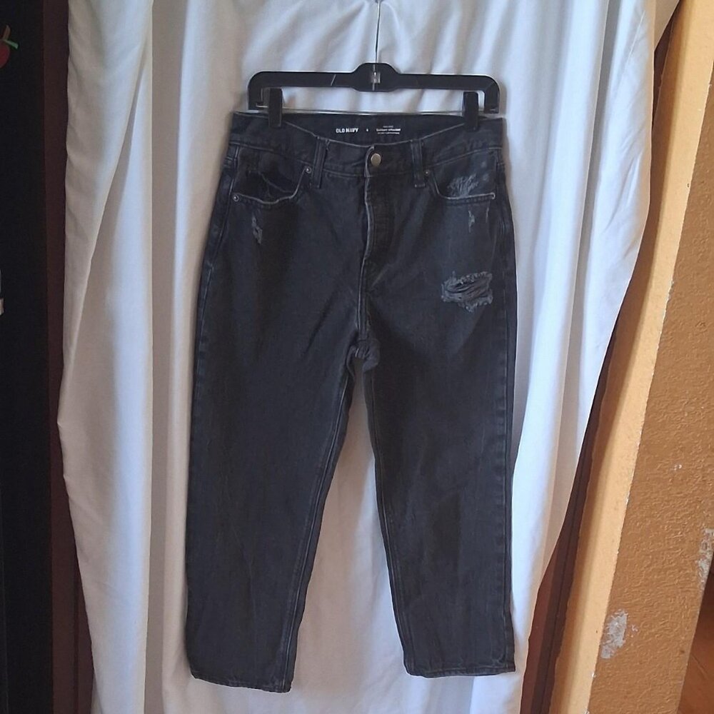 old navy high rise slouchy straight. Secret slim pockets Black ripped denim